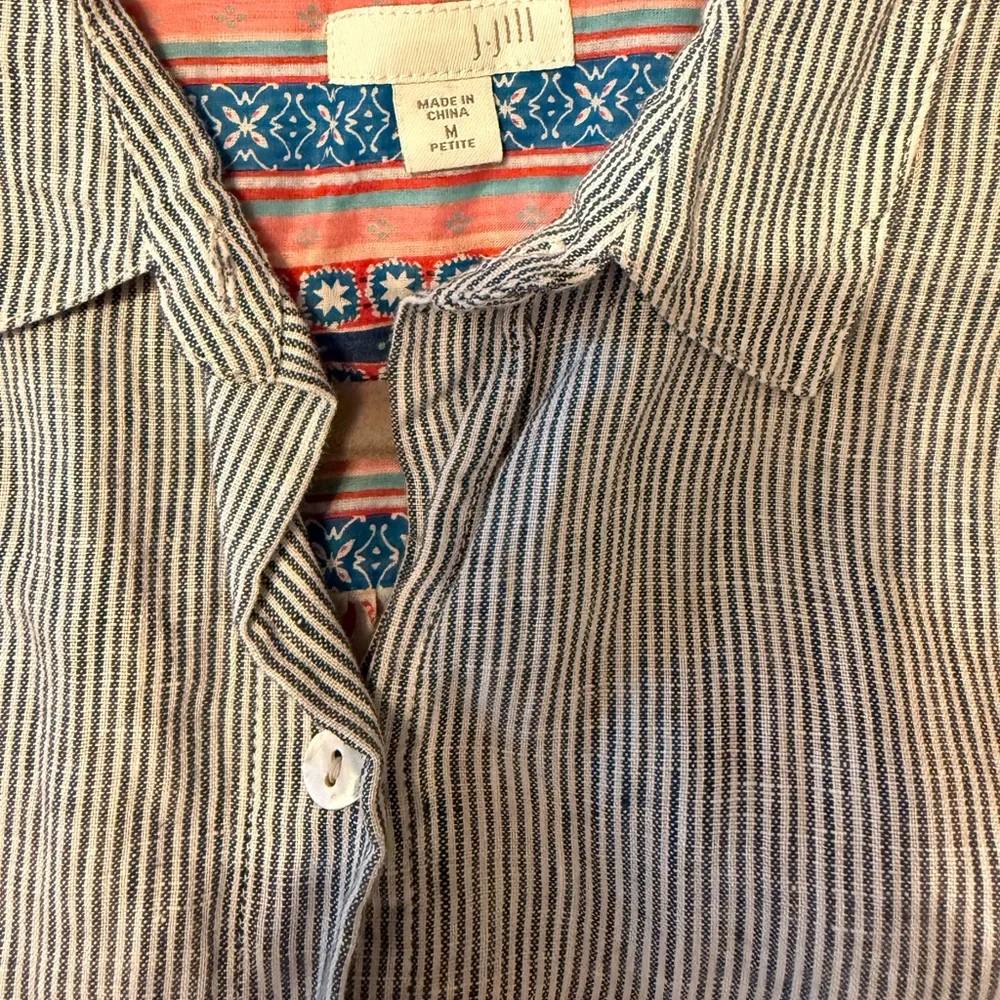 EUC J JILL 100% Cotton & Linen Floral And Blue Striped Short Sleeve Blouse - Picture 4 of 5